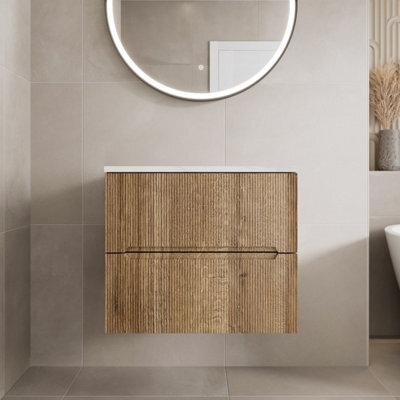 Affine 600mm Bathroom Vanity Unit White Marble Countertop Wall Hung Fluted Oak Unit - image 1