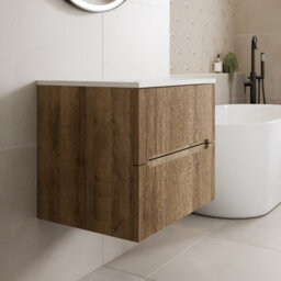 Affine 600mm Bathroom Vanity Unit White Marble Countertop Wall Hung Fluted Oak Unit - thumbnail 2