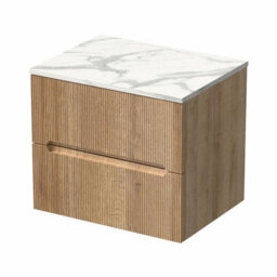 Affine 600mm Bathroom Vanity Unit White Marble Countertop Wall Hung Fluted Oak Unit - thumbnail 4