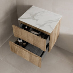 Affine 600mm Bathroom Vanity Unit White Marble Countertop Wall Hung Fluted Oak Unit - thumbnail 3