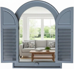 Biznest Arched Top Window Mirror Shutters Grey Plastic Frame Double Door Design Panels Vintage Wall Mounted Rustic 49 X 57 Cm - thumbnail 2
