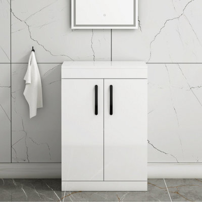 Royal Bathrooms Turin 600mm Gloss White Floor Standing Worktop Vanity Unit - 2 Doors With Matt Black Handle - image 1