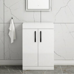 Royal Bathrooms Turin 600mm Gloss White Floor Standing Worktop Vanity Unit - 2 Doors With Matt Black Handle - thumbnail 1