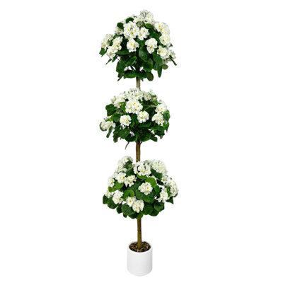 London Boutique Artificial Geranium Tree 150 Cm, Faux Flower Topiary Plant, Three Ball Design, Uv Resistant, White Plant In Pot - image 1