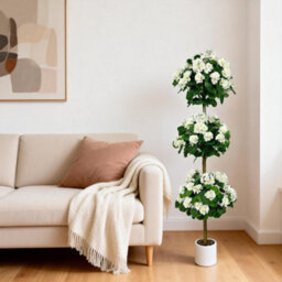 London Boutique Artificial Geranium Tree 150 Cm, Faux Flower Topiary Plant, Three Ball Design, Uv Resistant, White Plant In Pot - thumbnail 5
