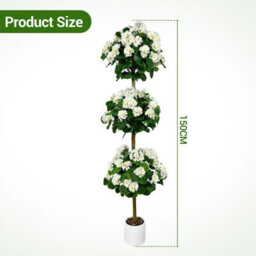 London Boutique Artificial Geranium Tree 150 Cm, Faux Flower Topiary Plant, Three Ball Design, Uv Resistant, White Plant In Pot - thumbnail 4