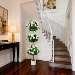London Boutique Artificial Geranium Tree 150 Cm, Faux Flower Topiary Plant, Three Ball Design, Uv Resistant, White Plant In Pot - thumbnail 2