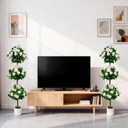 London Boutique Artificial Geranium Tree 150 Cm, Faux Flower Topiary Plant, Three Ball Design, Uv Resistant, White Plant In Pot - thumbnail 3