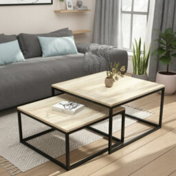 Kama 2 Piece Coffee Table Set Metal Base Legs Black With Sonoma Oak Tops Modern Matching Duo In Large And Small Sizes - thumbnail 3