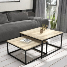 Kama 2 Piece Coffee Table Set Metal Base Legs Black With Sonoma Oak Tops Modern Matching Duo In Large And Small Sizes - thumbnail 1