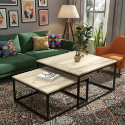 Kama 2 Piece Coffee Table Set Metal Base Legs Black With Sonoma Oak Tops Modern Matching Duo In Large And Small Sizes - thumbnail 2