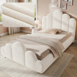 Btm 3Ft Single Upholstered Bed Frame 90X190Cm, Petal Headboard, Cloud Footboard, Wooden Slats, Bouclé, Cream White - thumbnail 1