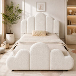 Btm 3Ft Single Upholstered Bed Frame 90X190Cm, Petal Headboard, Cloud Footboard, Wooden Slats, Bouclé, Cream White - thumbnail 4