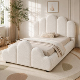 Btm 3Ft Single Upholstered Bed Frame 90X190Cm, Petal Headboard, Cloud Footboard, Wooden Slats, Bouclé, Cream White - thumbnail 5