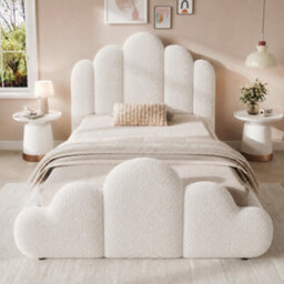 Btm 3Ft Single Upholstered Bed Frame 90X190Cm, Petal Headboard, Cloud Footboard, Wooden Slats, Bouclé, Cream White - thumbnail 2