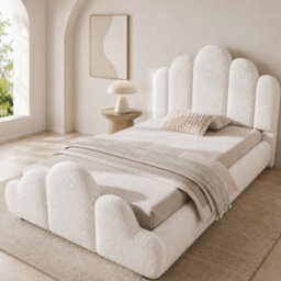 Btm 3Ft Single Upholstered Bed Frame 90X190Cm, Petal Headboard, Cloud Footboard, Wooden Slats, Bouclé, Cream White - thumbnail 3
