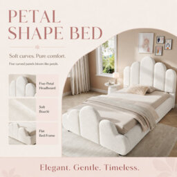 Btm 3Ft Single Upholstered Bed Frame 90X190Cm, Petal Headboard, Cloud Footboard, Wooden Slats, Bouclé, Cream White - thumbnail 9