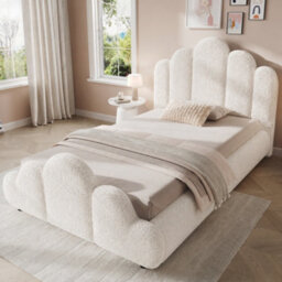 Btm 3Ft Single Upholstered Bed Frame 90X190Cm, Petal Headboard, Cloud Footboard, Wooden Slats, Bouclé, Cream White - thumbnail 6