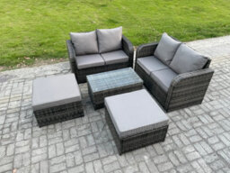 Fimous Rattan Garden Furniture Set 6 Seater Patio Outdoor Lounge Sofa Set With Rectangular Coffee Table 2 Big Footstool - thumbnail 2