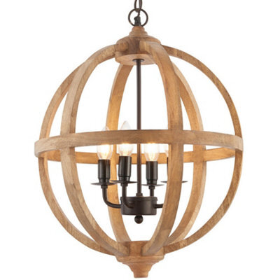 Multi Light Ceiling Pendant 4 Bulb Mango Wood & Bronze Solid Round Lamp Shade - image 1
