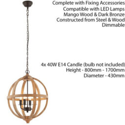 Multi Light Ceiling Pendant 4 Bulb Mango Wood & Bronze Solid Round Lamp Shade - thumbnail 2