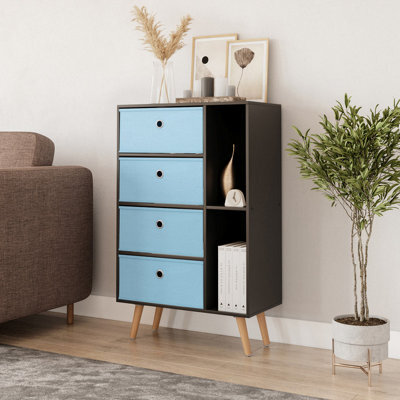 Urbn-Living Urbnliving 84Cm Height Black 6 Section Wooden Storage Bookcase With Beech Legs Sky Blue Drawers - image 1