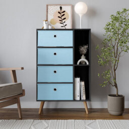 Urbn-Living Urbnliving 84Cm Height Black 6 Section Wooden Storage Bookcase With Beech Legs Sky Blue Drawers - thumbnail 2