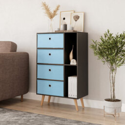 Urbn-Living Urbnliving 84Cm Height Black 6 Section Wooden Storage Bookcase With Beech Legs Sky Blue Drawers