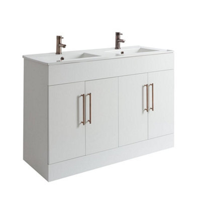 Homestylestore 1210mm White Floorstanding Bathroom Vanity Unit Double Basin And Aged Bronze T Bar Handles - image 1