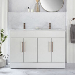 Homestylestore 1210mm White Floorstanding Bathroom Vanity Unit Double Basin And Aged Bronze T Bar Handles - thumbnail 2