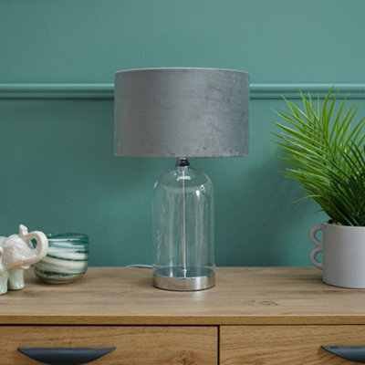 Valuelights Jessy Glass And Silver Chrome Metal Bedside Table Lamp With A Grey Velvet Lampshade - Bulb Included - image 1