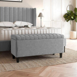 137Cm Safari Striped Plush Velvet Upholstered Ottoman Storage Bench With Legs,silver Deep Storage End Of Bed Shoes Bench