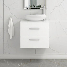 Royal Bathrooms Turin 600mm Wall Mounted Bathroom Vanity Unit With Sink 2 Drawer Gloss White & Nova Countertop Basin - thumbnail 1