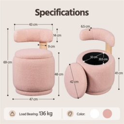 Yaheetech Swivel Vanity Stool With Backrest Round Swivel Ottoman Chair With 27L Capacity Sherpa Fabric Dressing Table Stool, Pink - thumbnail 3