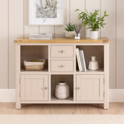 The Furniture Market Marbury Putty Grey Painted Low Open Display Shelf Unit Bookcase