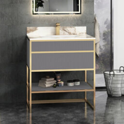 Royal Bathrooms Vienna 750mm Rock Grey Freestanding Bathroom Vanity Unit Cabinet Storage With Brushed Brass Frame & Pandora Top