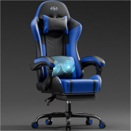 Massage Gaming Chair With Footrest, Headrest & Lumbar Support, Height Adjustable For Home, Blue Black