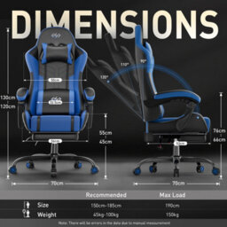 Massage Gaming Chair With Footrest, Headrest & Lumbar Support, Height Adjustable For Home, Blue Black - thumbnail 3