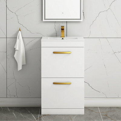 Royal Bathrooms Turin Gloss White 500mm Floor Standing Vanity Unit 2 Drawer With Minimalist Basin Sink & Brushed Brass Handles - image 1
