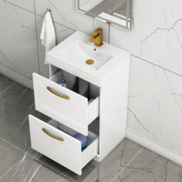 Royal Bathrooms Turin Gloss White 500mm Floor Standing Vanity Unit 2 Drawer With Minimalist Basin Sink & Brushed Brass Handles - thumbnail 5