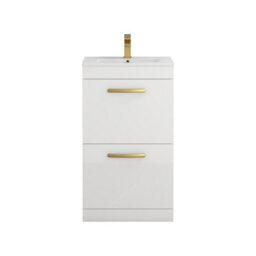 Royal Bathrooms Turin Gloss White 500mm Floor Standing Vanity Unit 2 Drawer With Minimalist Basin Sink & Brushed Brass Handles - thumbnail 6