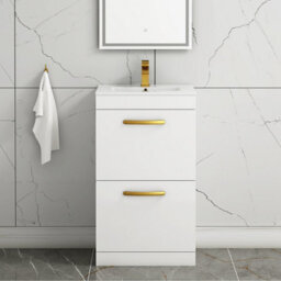 Royal Bathrooms Turin Gloss White 500mm Floor Standing Vanity Unit 2 Drawer With Minimalist Basin Sink & Brushed Brass Handles