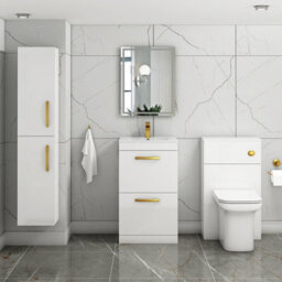 Royal Bathrooms Turin Gloss White 500mm Floor Standing Vanity Unit 2 Drawer With Minimalist Basin Sink & Brushed Brass Handles - thumbnail 2