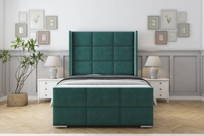 "Sloomy Beaumont Emerald Plush Bed Frame With 50"" Upholstered Wingback Headboard 4' Small Double" - image 1