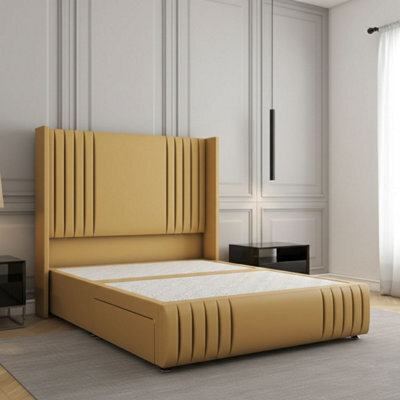 REGIONAL FURNISHINGS Divan Bed Set Mustard Plush Velvet Upholstered 54Inch Headboard 2Drawers Footend & No Mattress In Double King 4Ft 6Ft Sizes - image 1