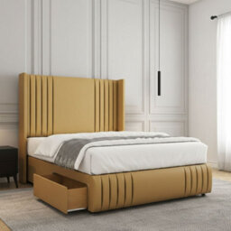 REGIONAL FURNISHINGS Divan Bed Set Mustard Plush Velvet Upholstered 54Inch Headboard 2Drawers Footend & No Mattress In Double King 4Ft 6Ft Sizes - thumbnail 2