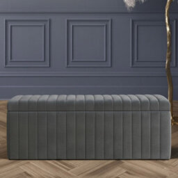 90Cm Wide Lux Ottoman Storage Box, Steel Grey Velvet Upholstered Full Striped Storage Ottoman Box