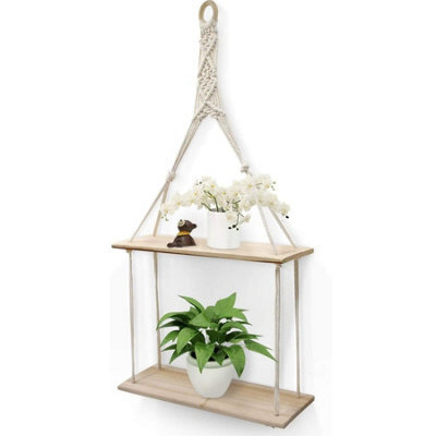Geezy 2 Tier Rope Hanging Shelf Wooden Boho Bedroom Decor Plant Display Storage Rack - image 1