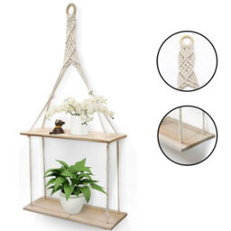 Geezy 2 Tier Rope Hanging Shelf Wooden Boho Bedroom Decor Plant Display Storage Rack - thumbnail 2