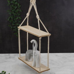 Geezy 2 Tier Rope Hanging Shelf Wooden Boho Bedroom Decor Plant Display Storage Rack - thumbnail 3